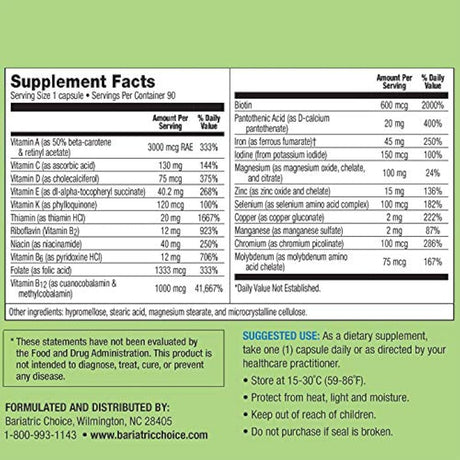 Cápsula de multivitamínico con 45 mg de hierro, suplemento