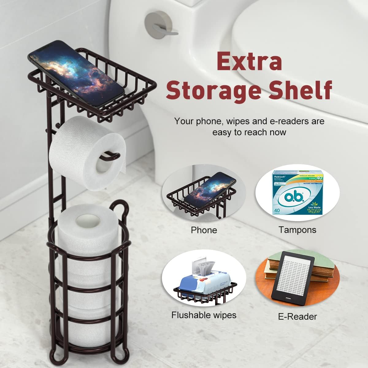 Soporte de papel higiénico con estante para baño, Mega Rolls