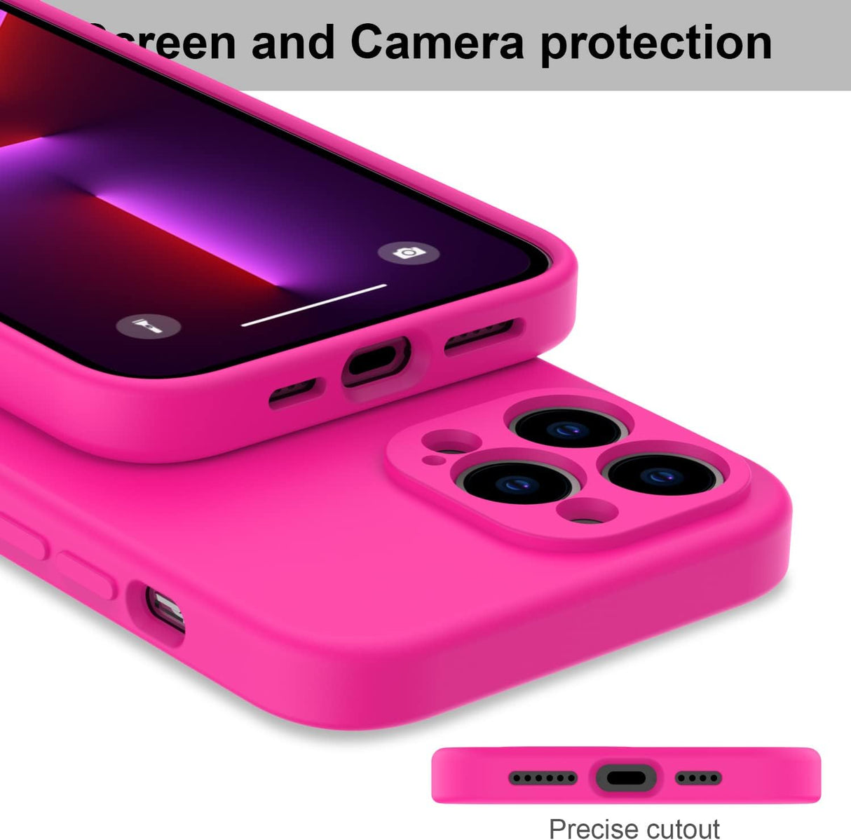 DEENAKIN Funda para iPhone 13 Pro Max con protector de pantalla, cubierta de goma de gel de silicona líquida suave y duradera para iPhone 13 Pro Max de 6.7 pulgadas, color rosa intenso