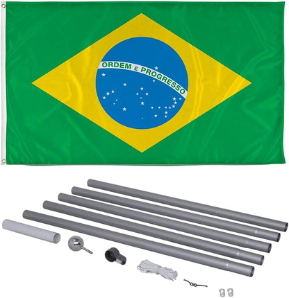 Vispronet Bandera de Brasil de 3 x 5 pies, bandera de campo para la Copa del Mundo para interiores y exteriores con asta de aluminio seccional de 20 pies, inserto de suelo de PVC y cuerda de patio trasero, poliéster tejido, estampado en los Estados Unidos