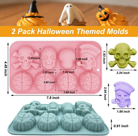 Molde de Silicona Halloween, 2 Cavidades, Calaveras y Cerebros