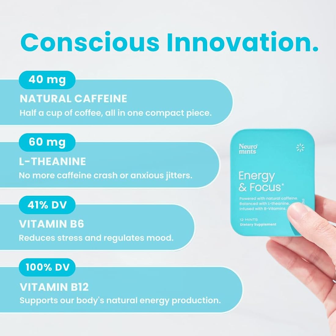 NeuroGum Energy Caffeine Mints (72 piezas) – Sin azúcar con L-teanina + cafeína natural + vitamina B12 y B6 – Suplemento nootrópico de energía y enfoque para mujeres y hombres – Keto y vegano, sabor a