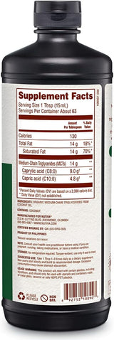 Aceite MCT Orgánico Nutiva, 32 Oz, Sin Sabor, Keto, Vegan