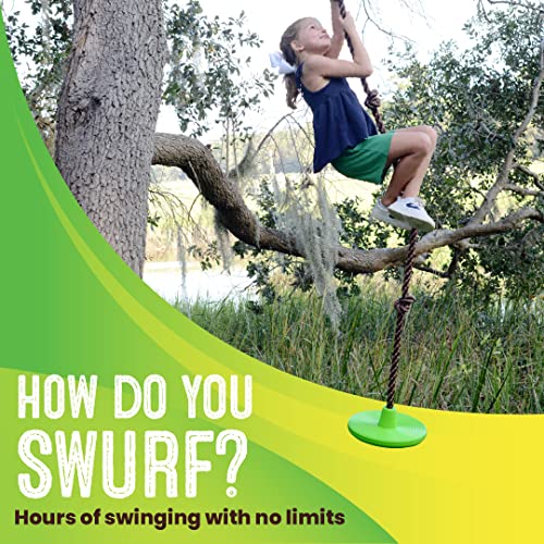 Swurfer Disco - 3 en 1 multiuso para sentarse, soportar y escalar disco columpio, cuerda de escalada resistente – Cuerda de 6 pies con cuatro nudos ajustables, soporta 200 libras, a partir de 6 años, color verde