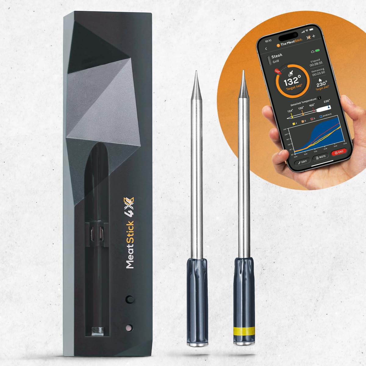 Termómetro de carne MeatStick 4X, 2 sondas, 650ft, Bluetooth