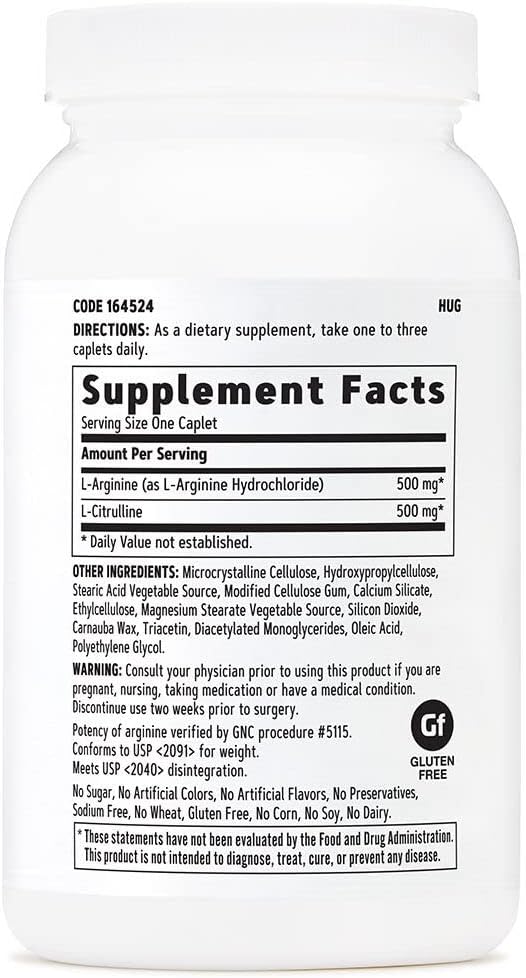 GNC L-Arginina y L-Citrulina 500mg, 120 Capletas, Óxido Nítrico