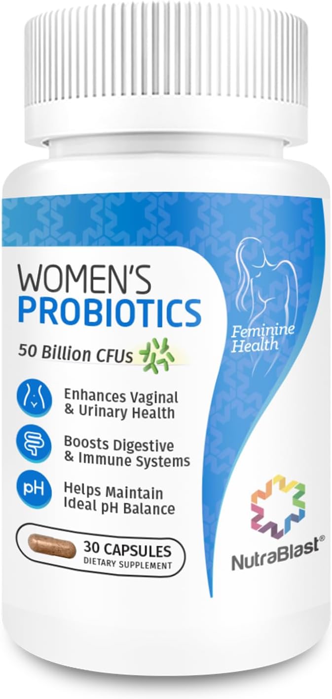 NutraBlast Probióticos vaginales para mujeres digestivos, equilibrio de pH, UT y salud vaginal - 50 mil millones de UFC - 6 cepas, prebióticos, extracto de arándano y D manosa - Probiótico para mujer