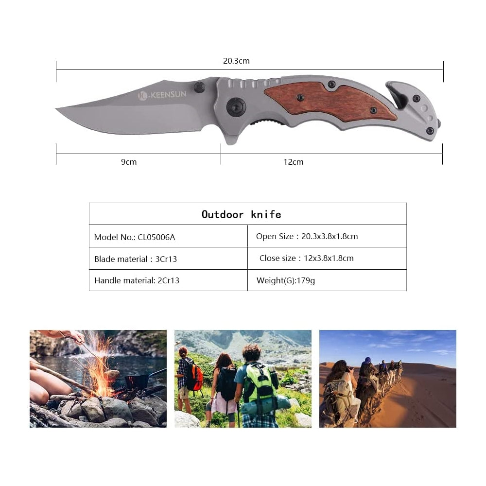 Cuchillo plegable de bolsillo con rompevidrio y cortador