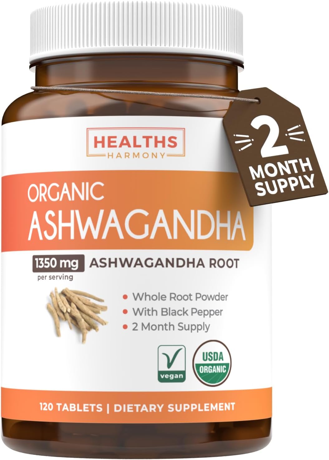 Ashwagandha Orgánica USDA, 120 Tabletas, 1350mg, Soporte Natural