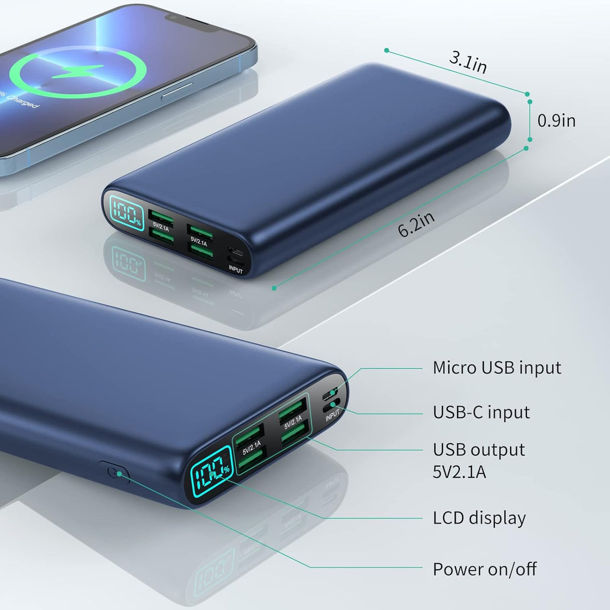 Cargador portátil de 38800 mAh pantalla LCD azul