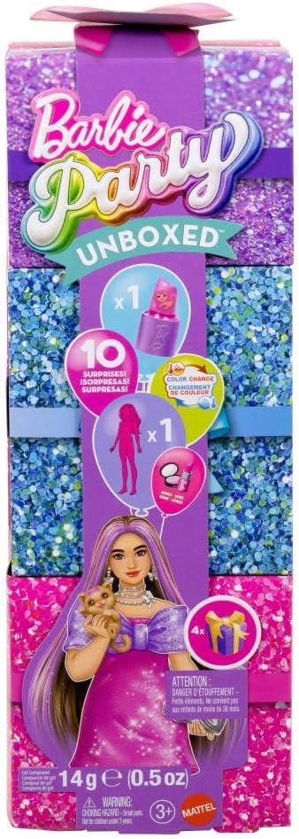 Barbie Party Muñeca y Accesorios Serie Glam con 10 Sorpresas