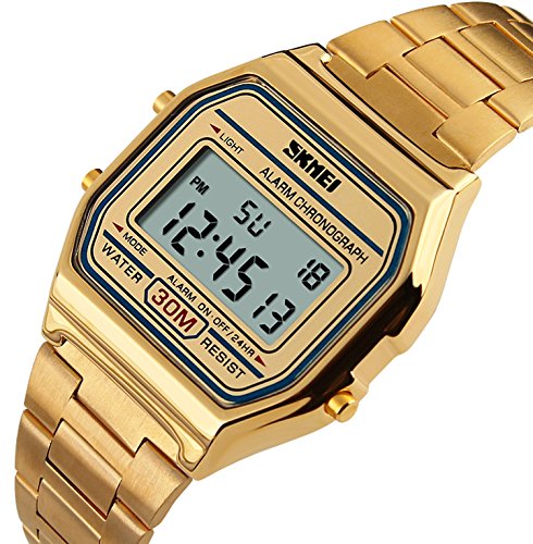 Reloj digital de acero inoxidable dorado para hombres