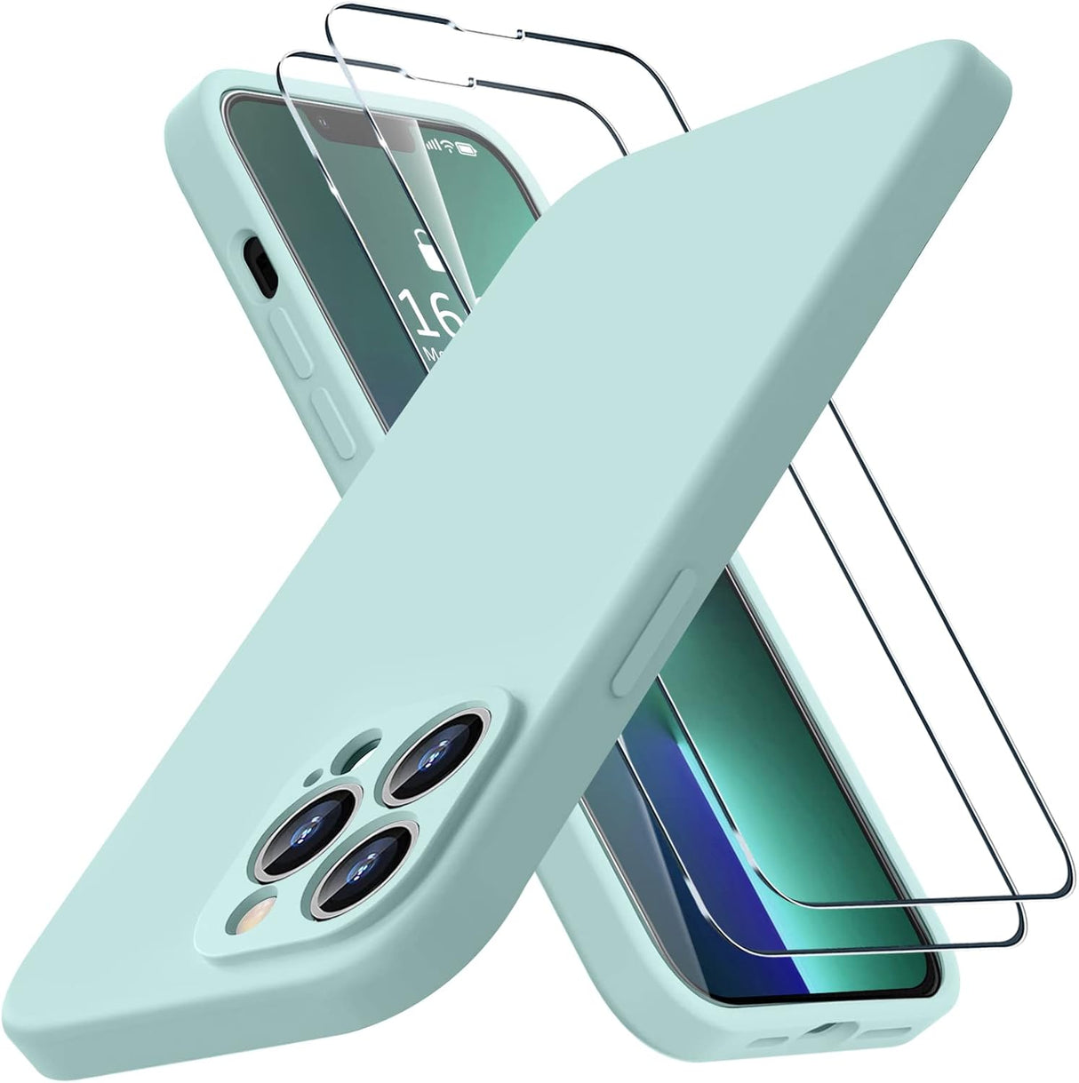 BossKiss Funda compatible con iPhone 13 Pro Max, funda de silicona líquida de alta calidad [tacto aterciopelado] [2 protectores de pantalla de vidrio templado 9H], funda de kit de protección completa a prueba de golpes, color menta