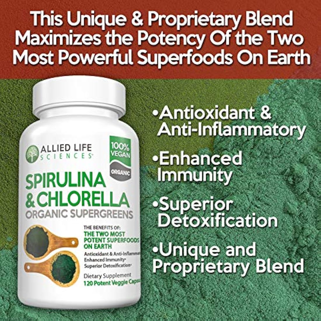 Allied Life espirulina y clorela. Cápsulas de proteínas