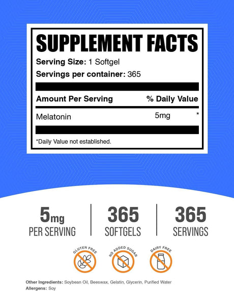 Suplemento de Melatonina 5 mg BulkSupplements, 365 Softgels