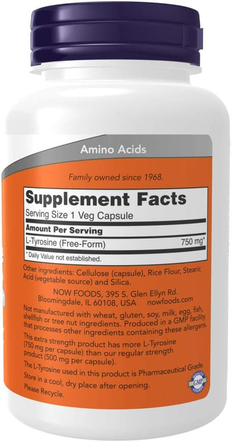 Suplementos Now, L-Tirosina 750 mg, Apoyo Mental 90 Cápsulas
