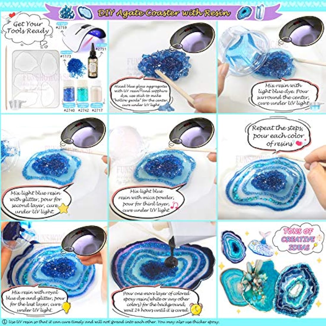 Geode Agate Coaster Silicone Epoxy Resin Molds 11 Shapes Assortment 1.4inch-5.2inch for Polymer Clay Craft Soap Jewelry Making Concrete Cement