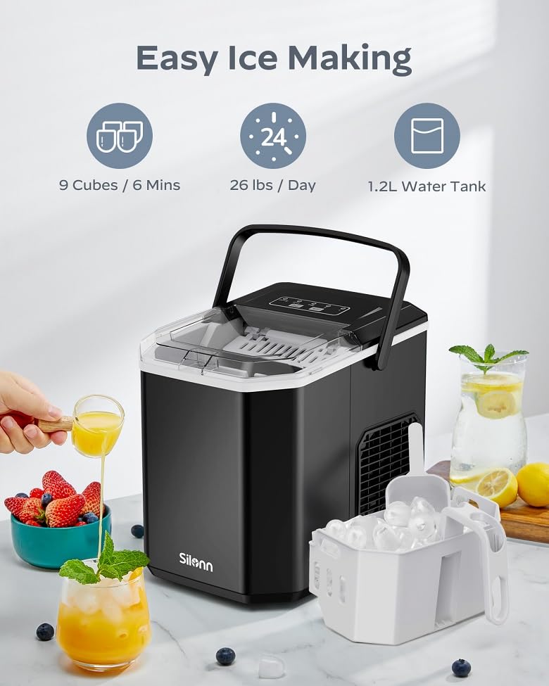 Máquina de Hielo Silonn, portátil, 26 lbs/día, auto-limpieza