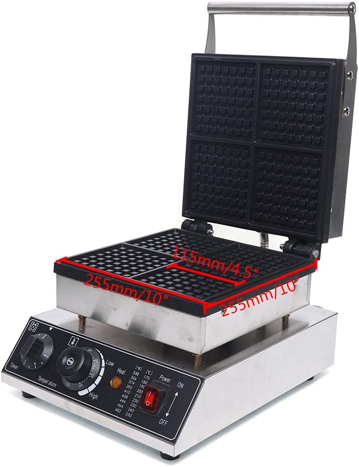 Máquina de Waffles 1750W, No Stick, Control T° y Tiempo, 4 Pcs