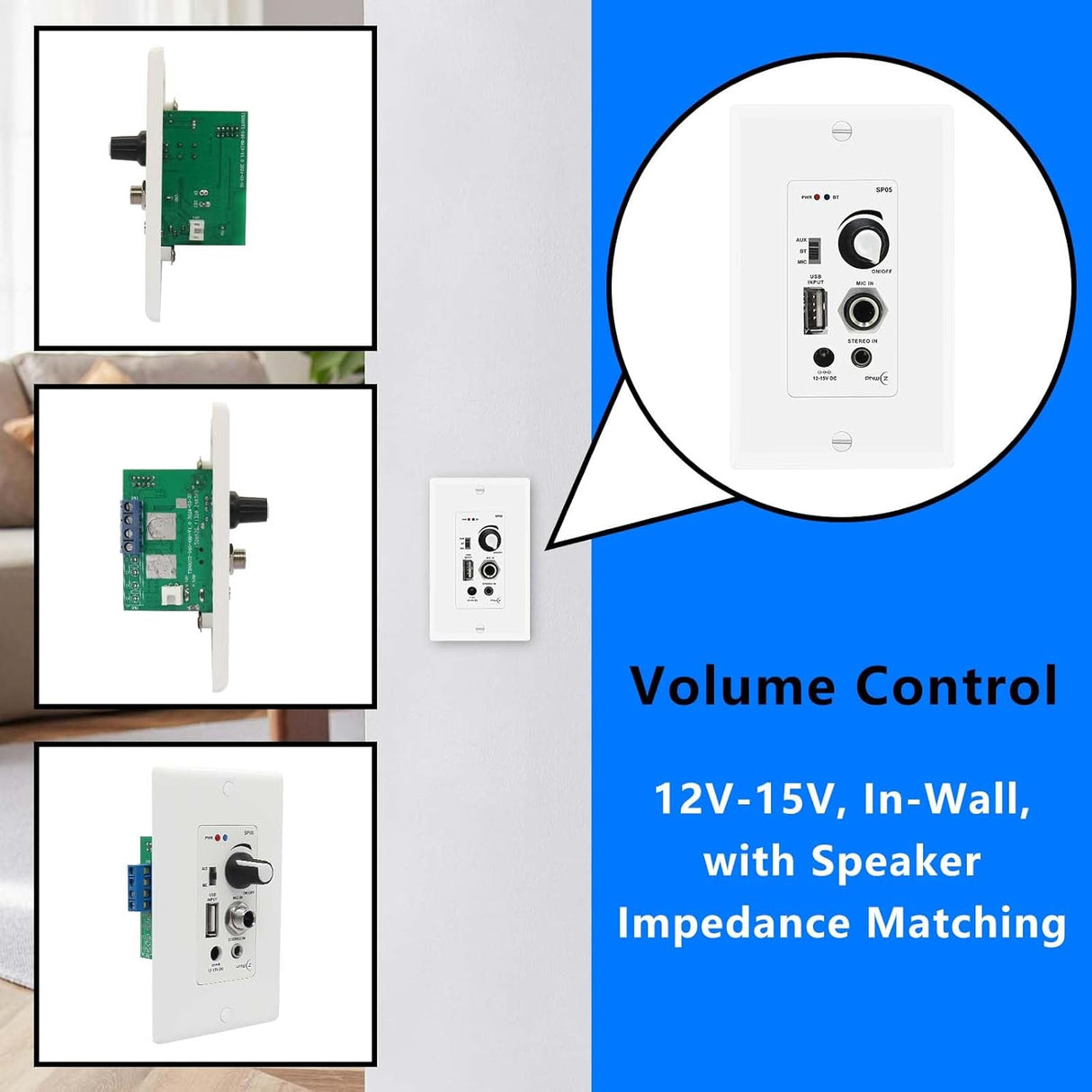 Amplificador de Audio In Wall 120W con Bluetooth y USB