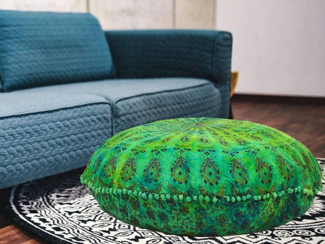 Funda bohemia para cojín, de 32 pulgadas, con diseño de mandala, para meditación, decorativa, otomana, grande, para exteriores, decoración del hogar, decoración de arte en el hogar, redonda, con pompones de algodón, cómoda