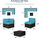 U-MAX Juego de muebles de patio de 7 piezas, juego de sofá de mimbre de ratán de polietileno negro para todo tipo de clima, juego de conversación de muebles seccionales con fundas de cojín azules y mesa auxiliar para porche, jardín, piscina