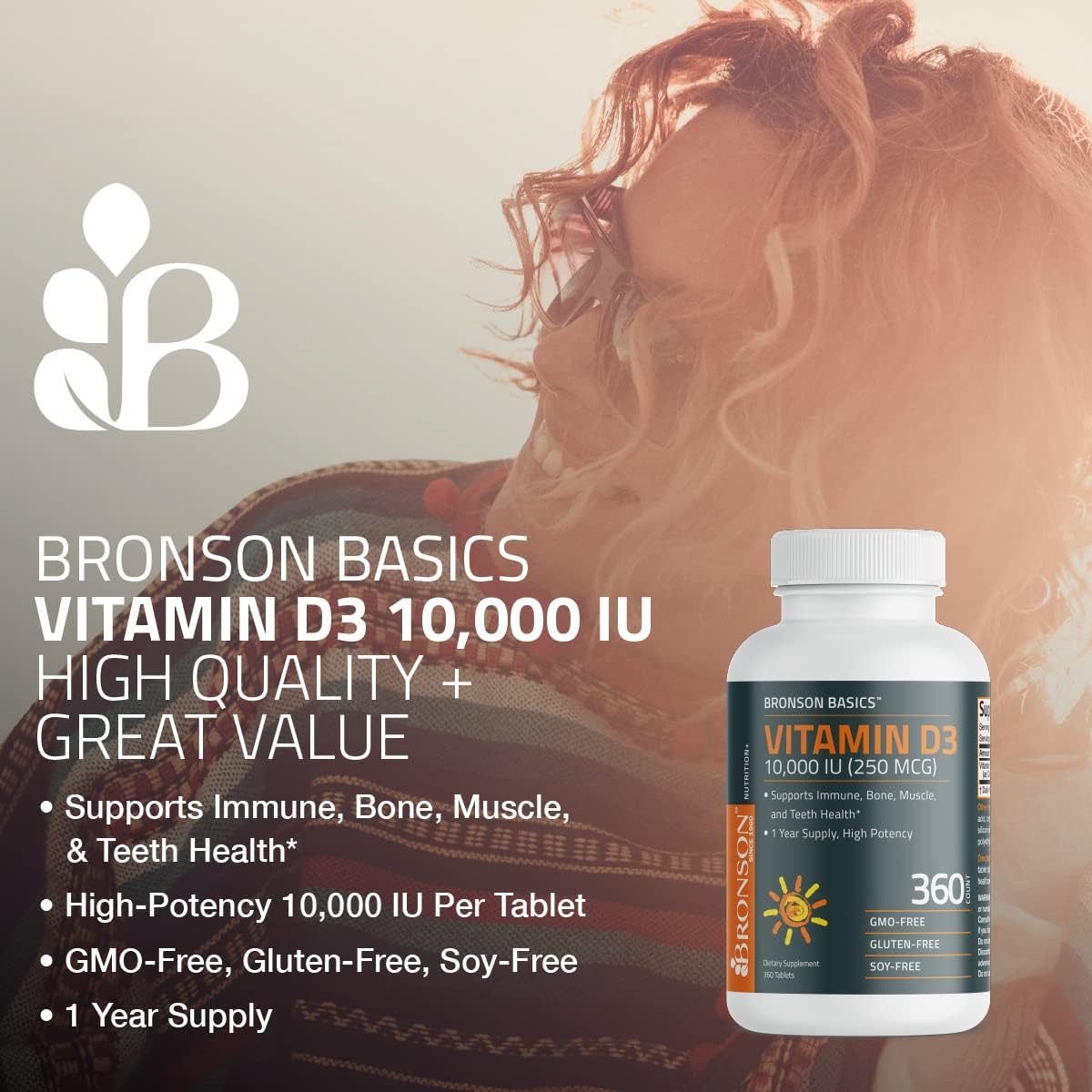 Suplemento de Vitamina D3 10,000 IU Bronson 360 Tabletas Non-GMO