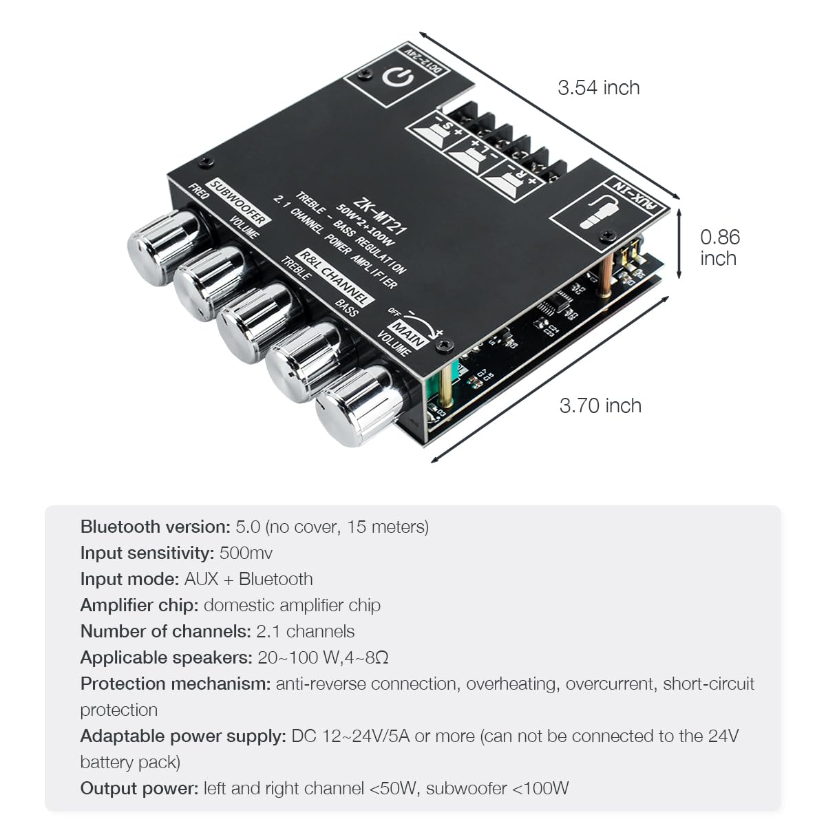Amplificador de Audio Bluetooth 50W×2+100W con Control de Graves y Agudos
