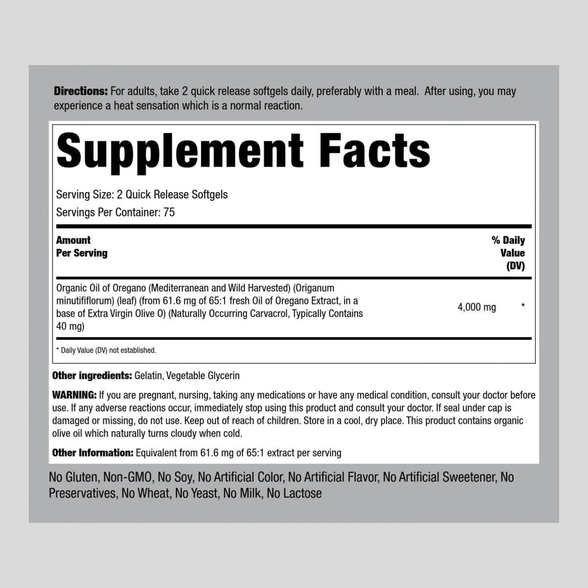 Suplemento Aceite de orégano 4000 mg 150 cápsulas de hierbas