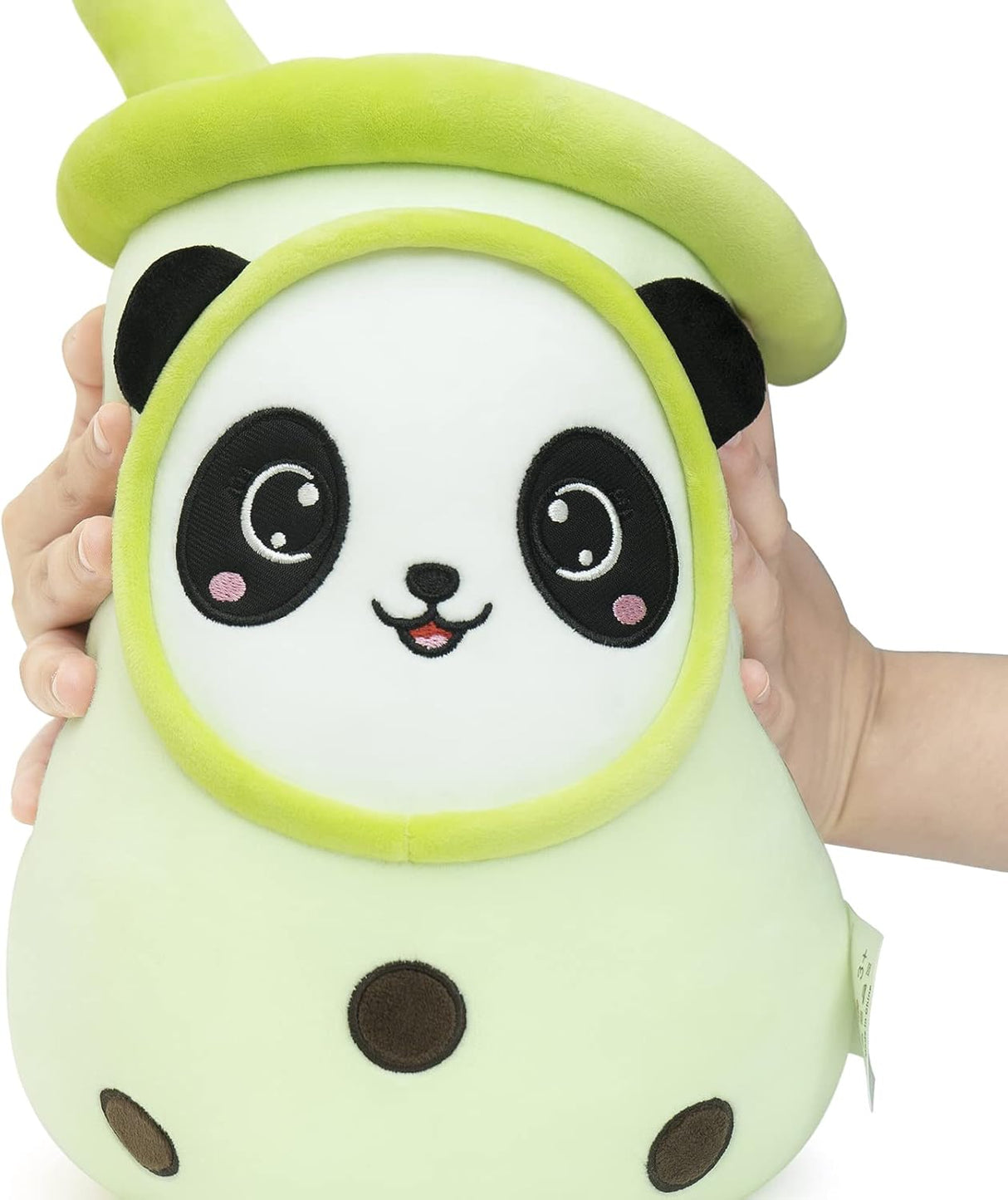 Peluche Boba con cara de panda color crema verde con pajita