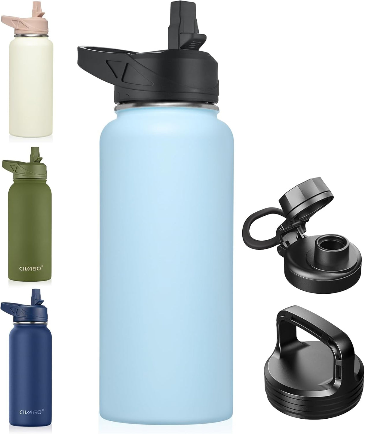CIVAGO Botella de agua aislada de 32 onzas con pajilla, taza de agua deportiva de acero inoxidable con 3 tapas (pajilla, boquilla portátil y tapa de asa), taza térmica de viaje de doble pared, azul