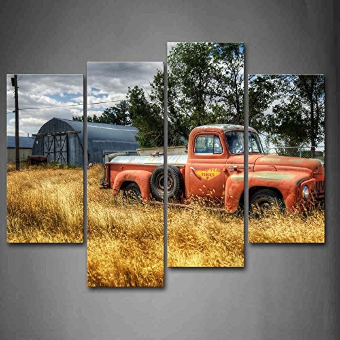Cuadro de pared de coche de camión antiguo en rojo y árboles