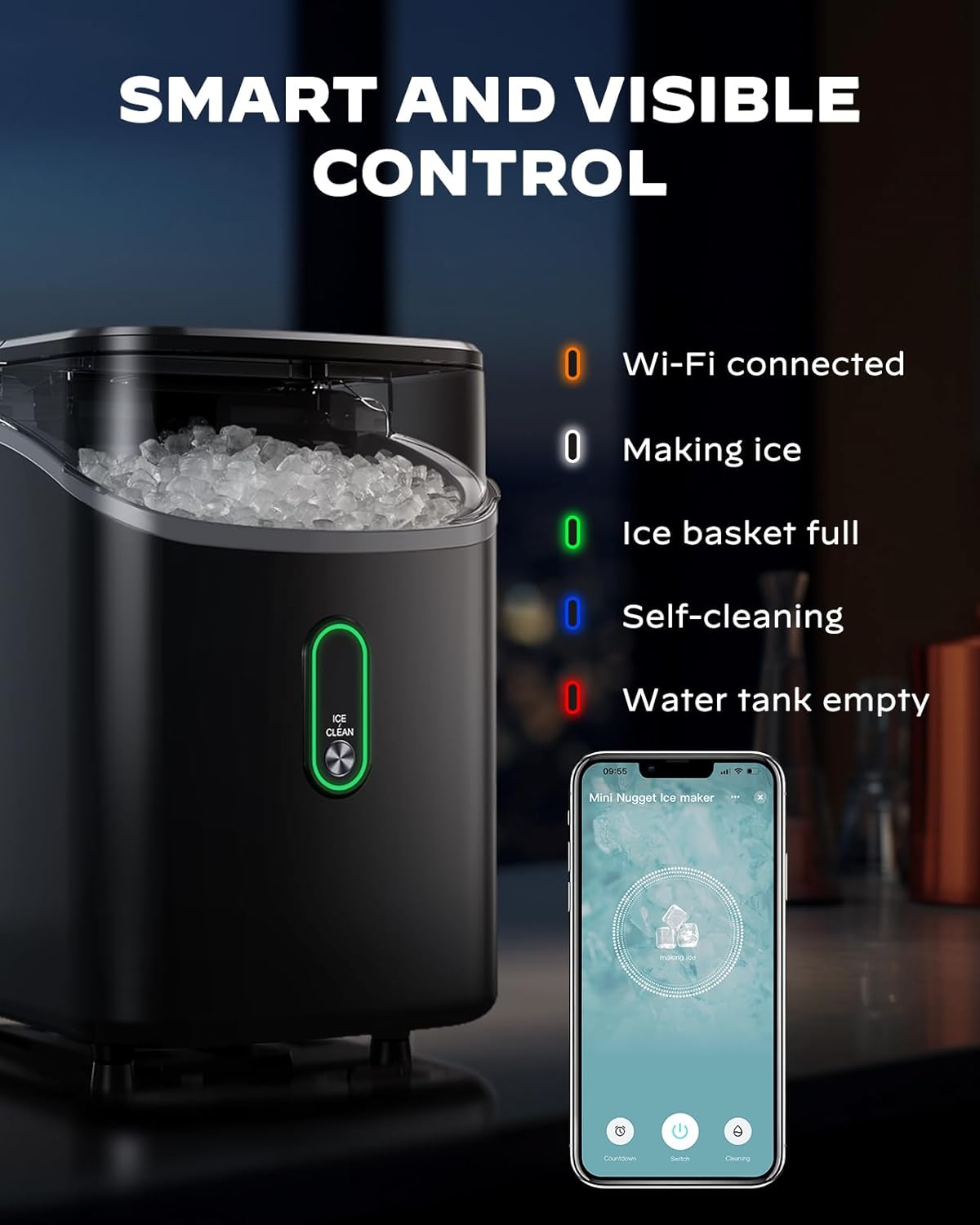Máquina de Hielo Silonn, Hielo de Pebble, 33lbs/24H, WiFi