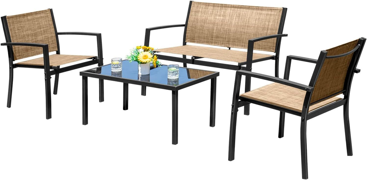 Devoko - Juego de 4 piezas de muebles de patio para el aire libre, para jardín, sillones y mesa de café de cristal para patio o terraza
