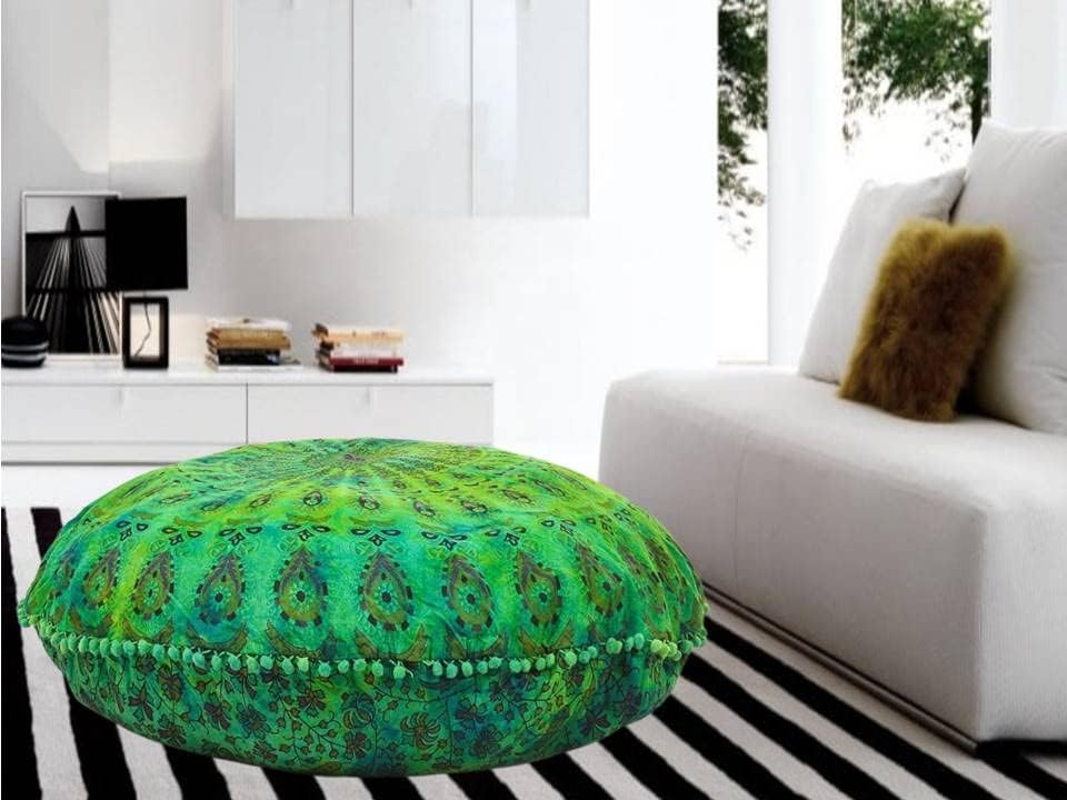 Funda bohemia para cojín, de 32 pulgadas, con diseño de mandala, para meditación, decorativa, otomana, grande, para exteriores, decoración del hogar, decoración de arte en el hogar, redonda, con pompones de algodón, cómoda