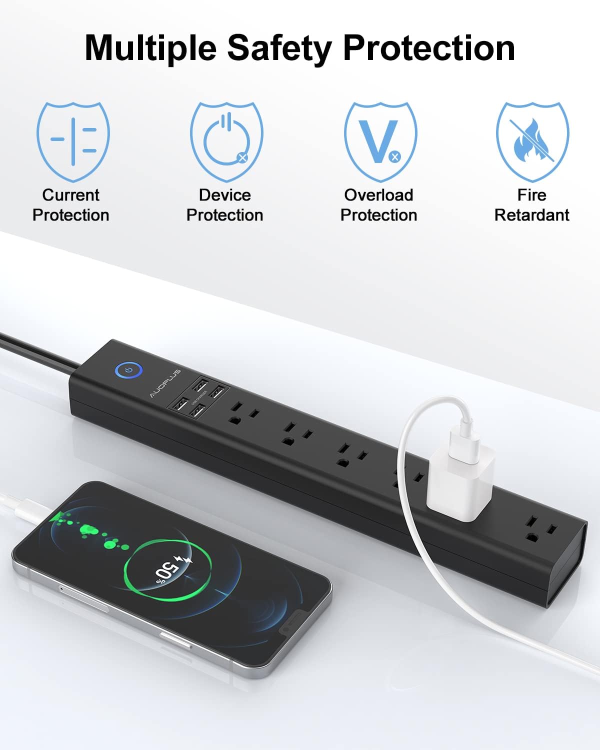 AUOPLUS - Regleta protectora de sobretensiones con USB, tira