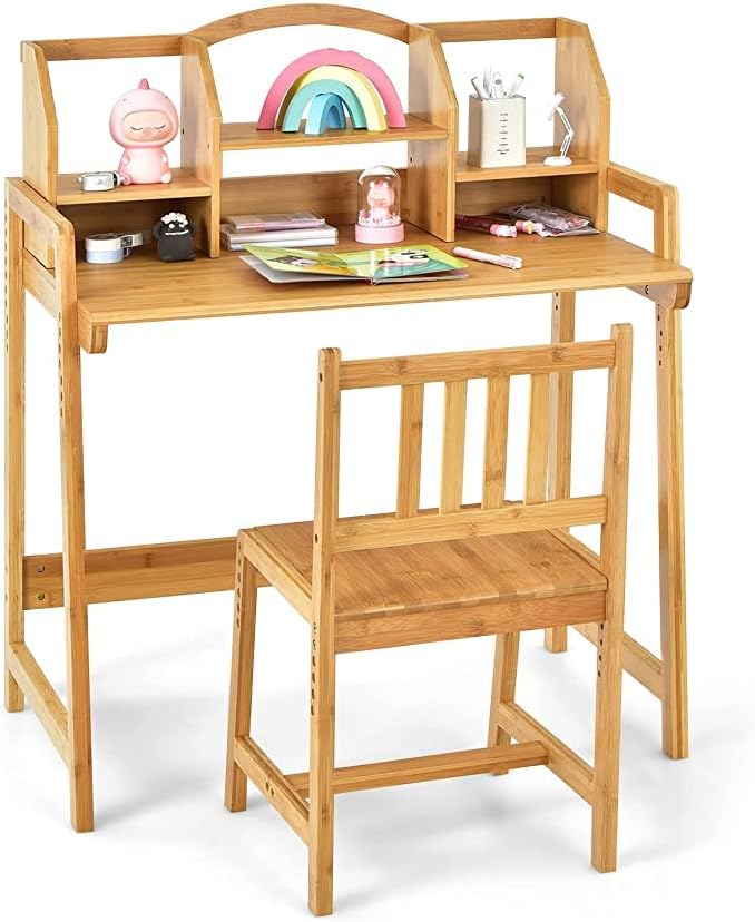 Juego de escritorio y silla para niños de altura de bambú