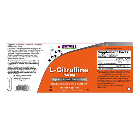 NOW L-Citrulline 750 mg, 180 Tabletas