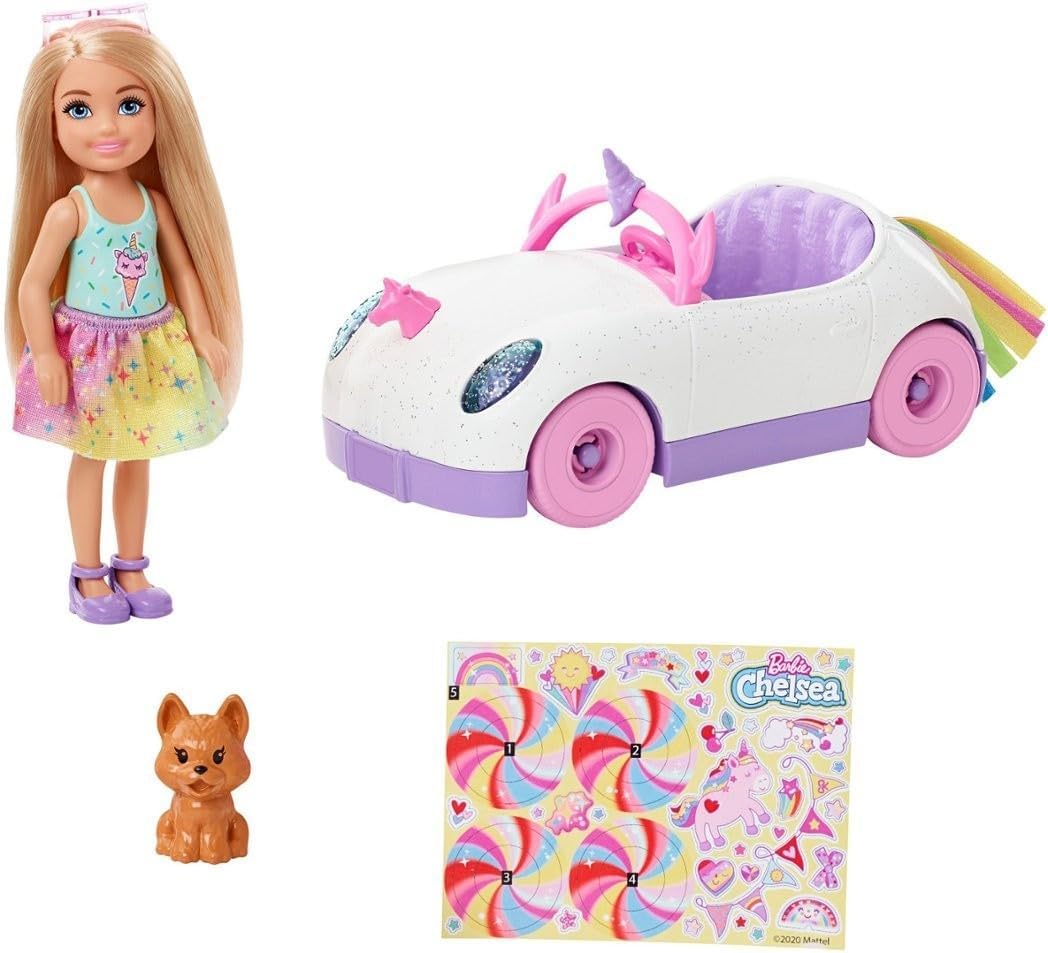 Set de coche de Barbie Chelsea con unicornio, muñeca pequeña y accesorios