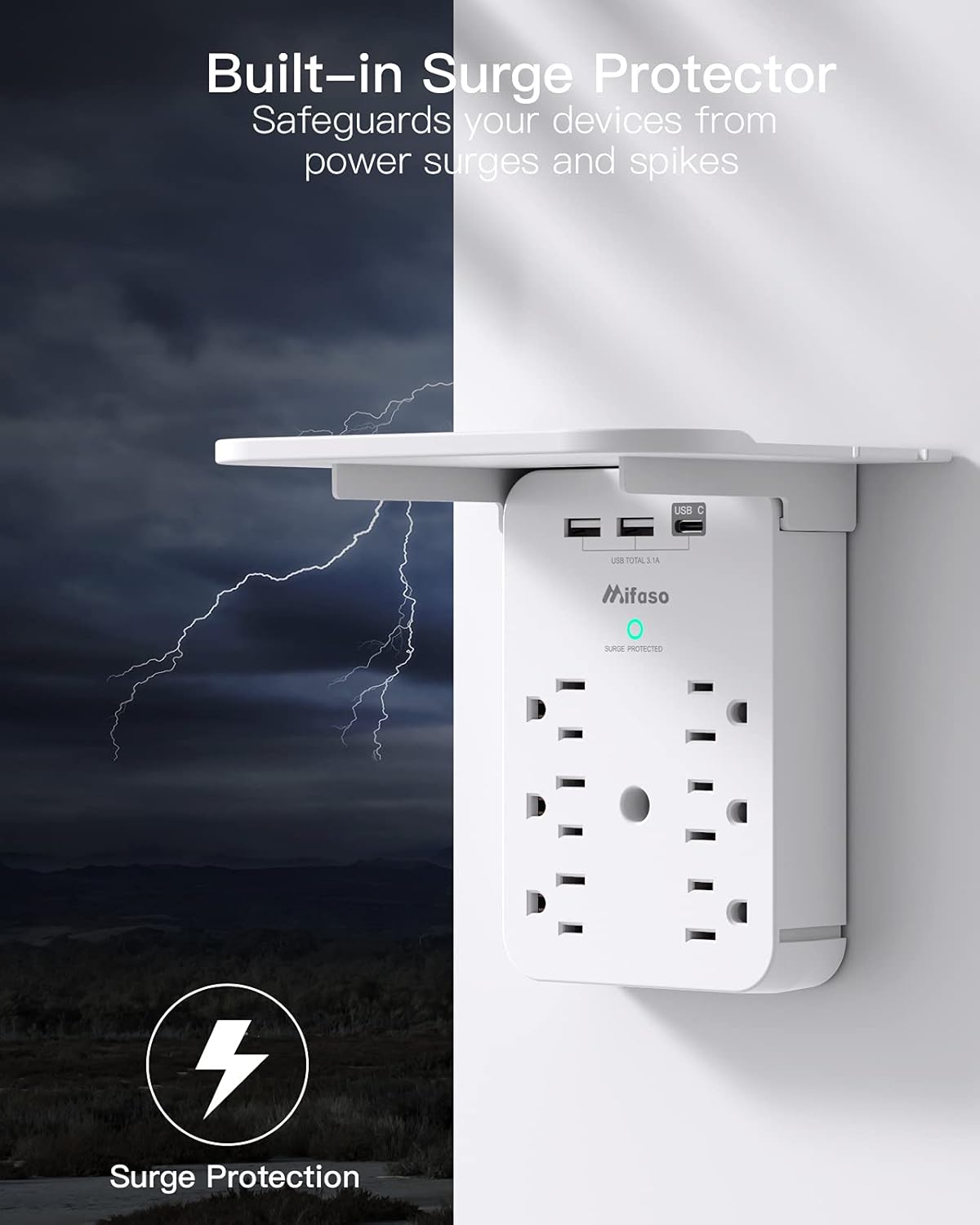 Extensor de toma de corriente de pared con protector de sobretensión, 6 salidas de CA, estante, 2 puertos de carga USB y USB C, expansor de enchufe para el hogar y el dormitorio