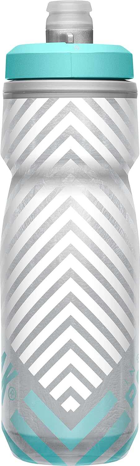 CamelBak Podium Chill Botella de agua aislada para bicicleta, botella fácil de apretar, se adapta a la mayoría de jaulas de bicicleta, 21 onzas, rayas gris/verde azulado