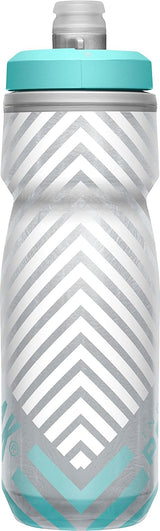 CamelBak Podium Chill Botella de agua aislada para bicicleta, botella fácil de apretar, se adapta a la mayoría de jaulas de bicicleta, 21 onzas, rayas gris/verde azulado