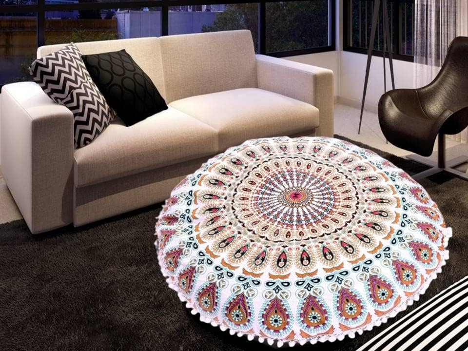 Funda bohemia para cojín, de 32 pulgadas, con diseño de mandala, para meditación, decorativa, otomana, grande, para exteriores, decoración del hogar, decoración de arte en el hogar, redonda, con pompones de algodón, cómoda