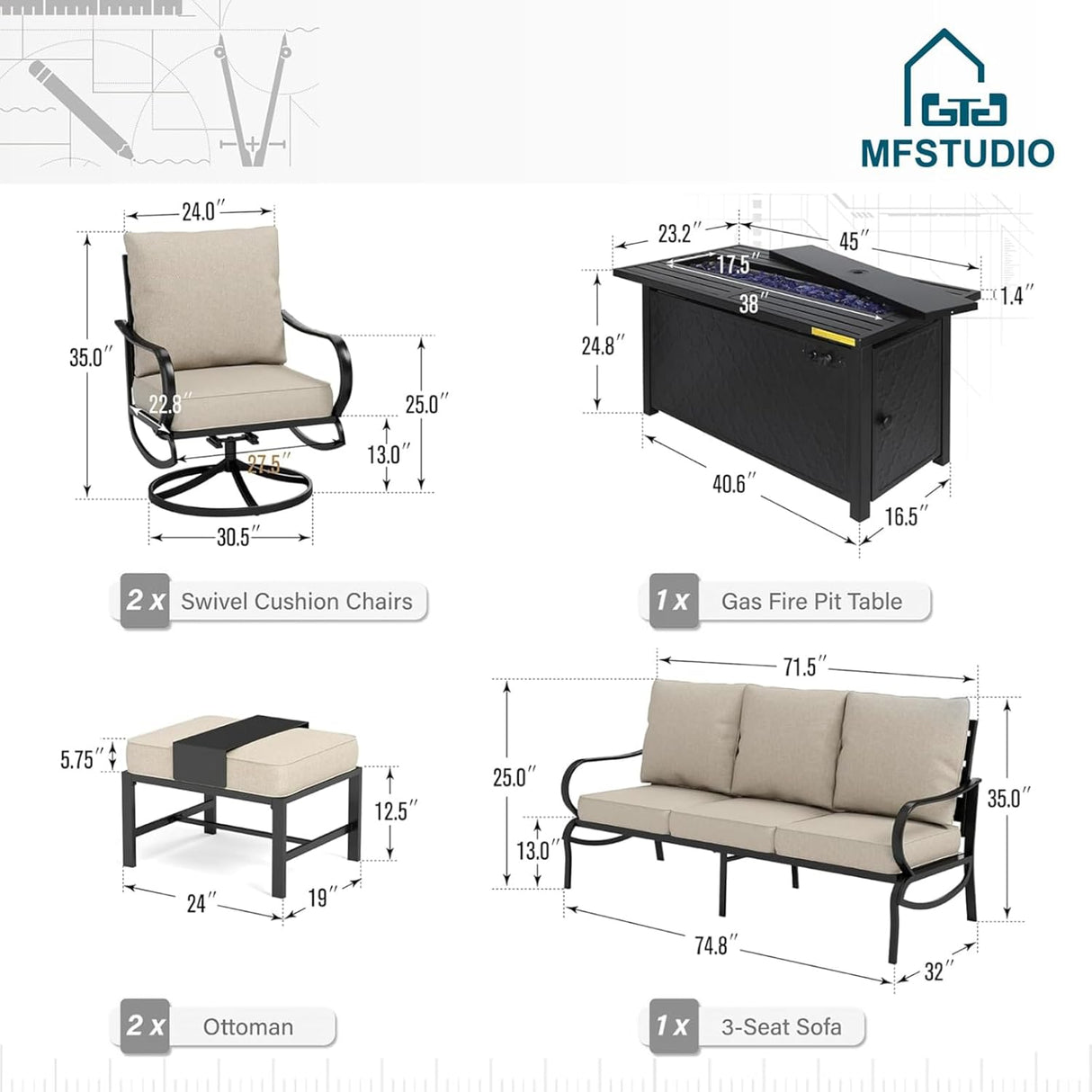MFSTUDIO Juego de muebles de patio de 6 piezas con mesa de fogata de gas de 45 pulgadas (hasta 7 asientos), sofás de conversación de metal para exteriores con 1 sofá de 3 asientos, 2 sillas giratorias