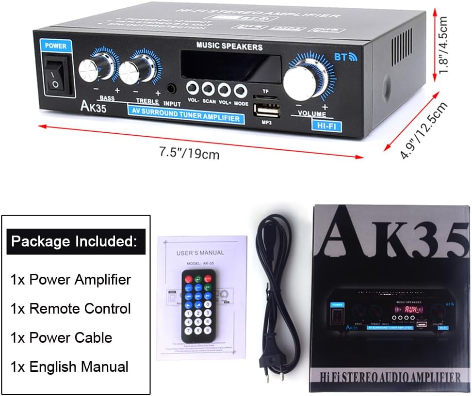 Amplificador Estéreo Mini 200W 2.0 Canales Bluetooth 5.0 AK35