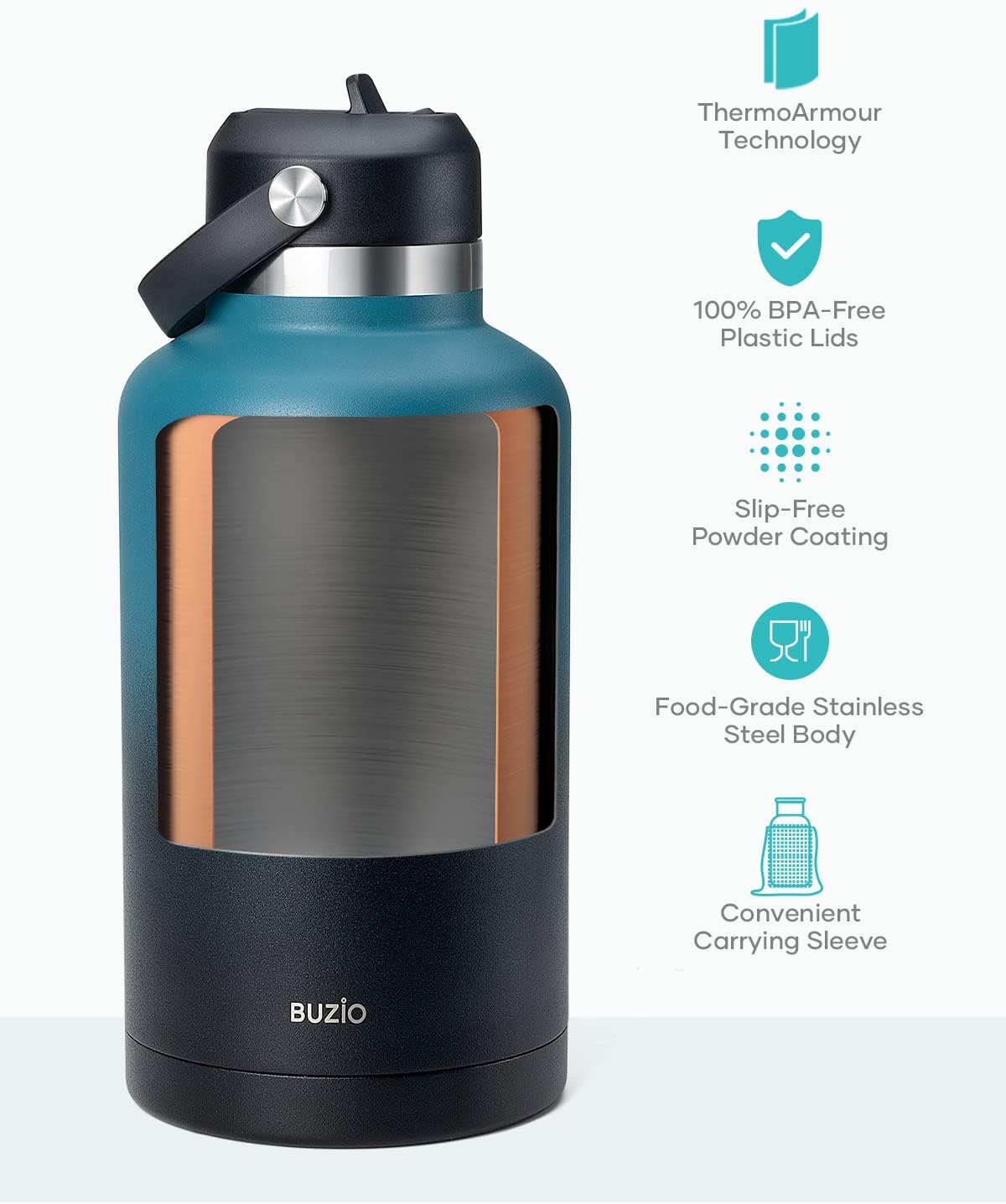 Botella de Agua de 64oz, BUZIO, Aislada, Con Paja y Funda