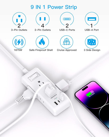 Regleta de alimentación de enchufe plano, cable de extensión