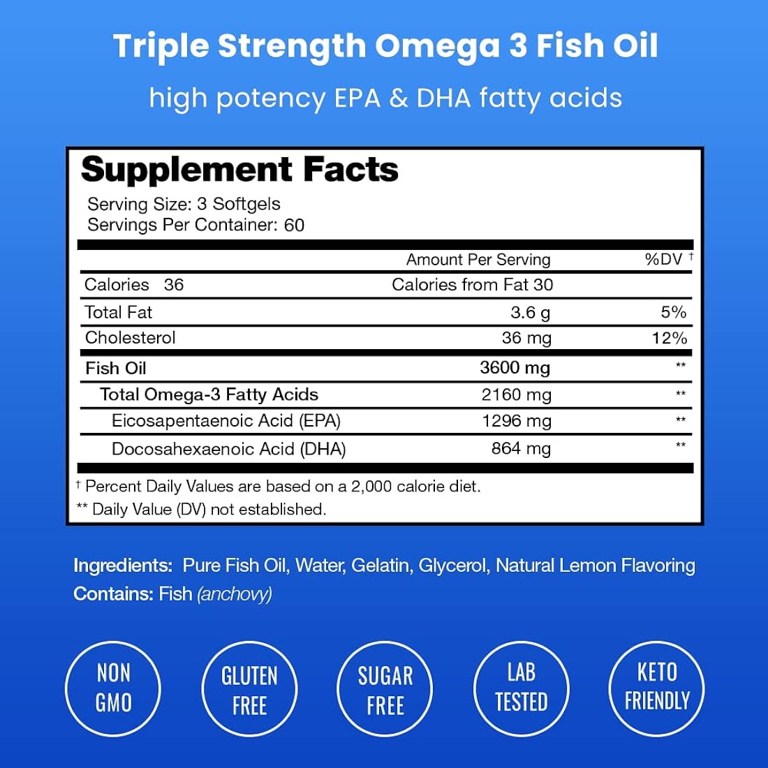 Suplemento de aceite de pescado Omega 3 de 3600 mg EPA y DHA