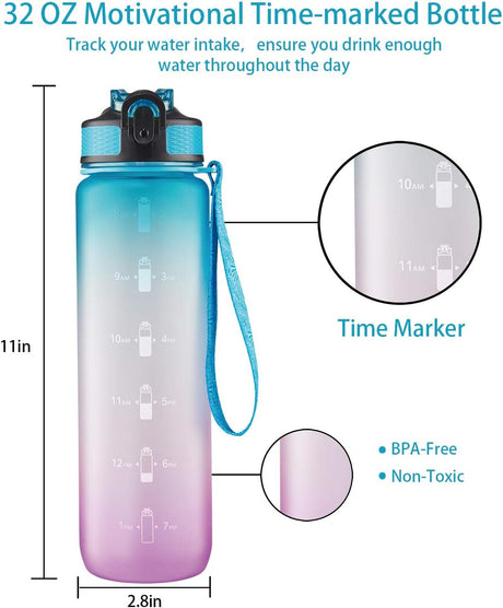 EYQ - Botella de agua con marcador de tiempo, 1 lt, correa para transporte, a prueba de fugas, Tritan sin BPA, para asegurar que bebes suficiente agua al hacer ejercicio, gimnasio, acampar y deportes