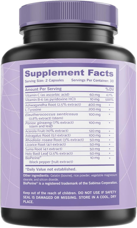 Suplemento de Apoyo Adrenal y Cortisol, Adaptógenos, Ashwagandha, Rhodiola